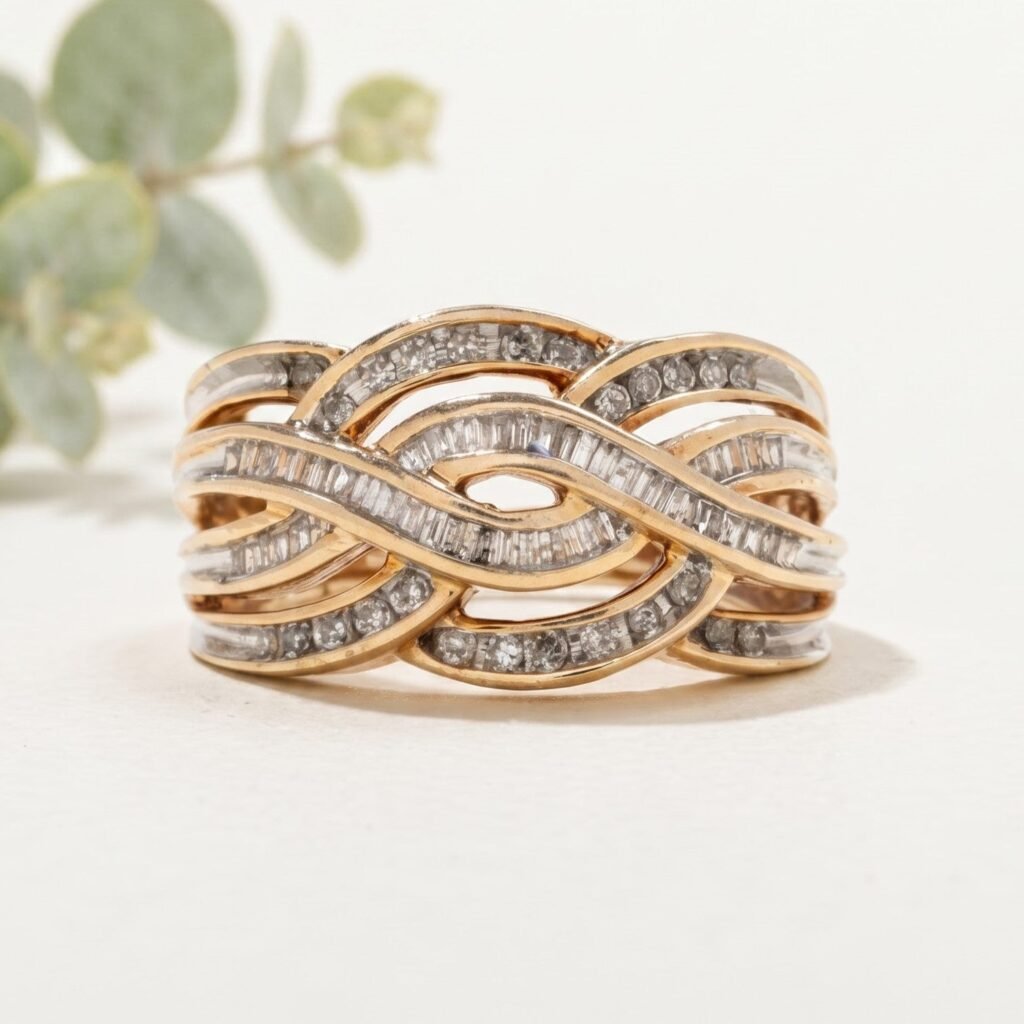 Salt and Pepper Round Baguette Crossover Cocktail Ring