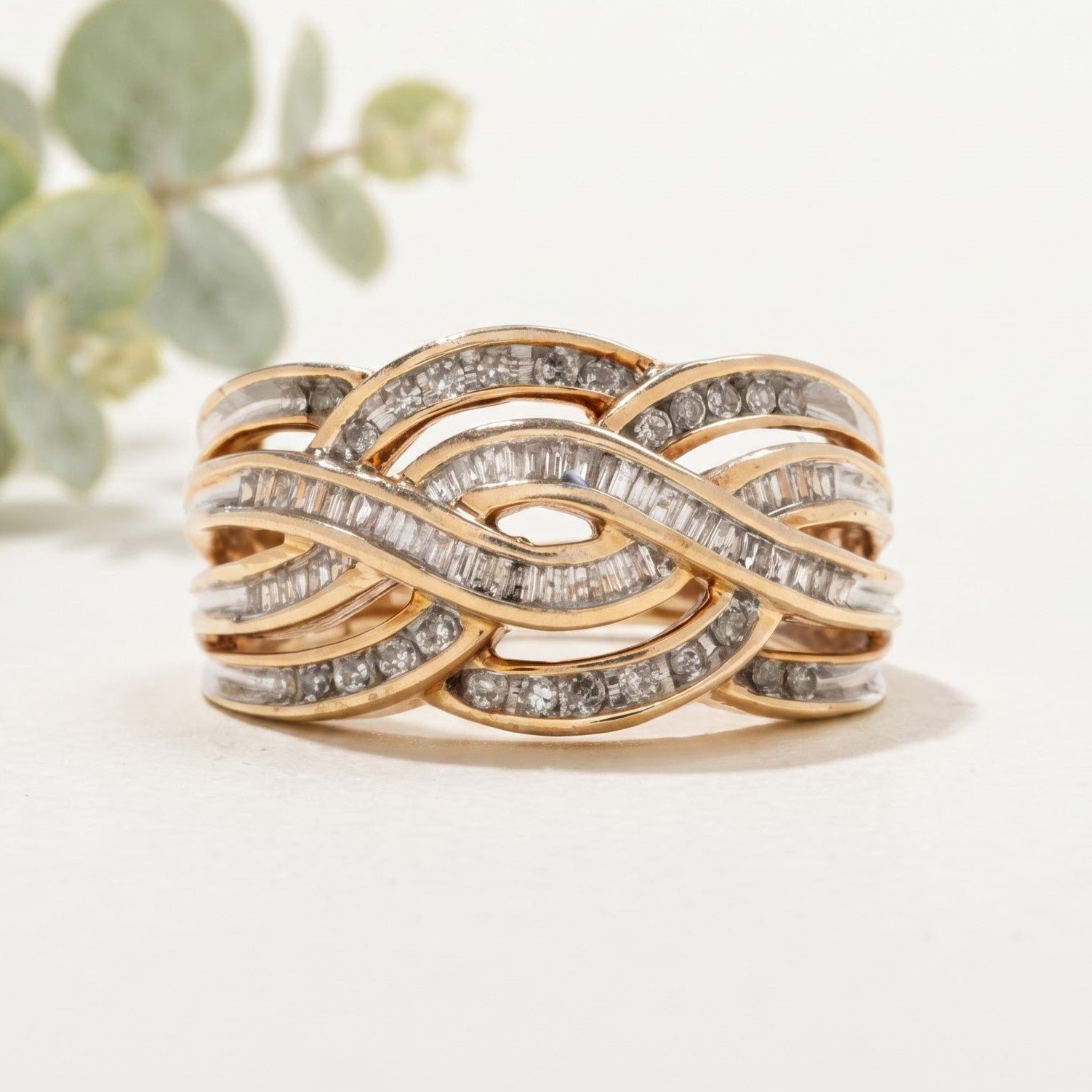 Salt and Pepper Round Baguette Crossover Cocktail Ring - Image 1