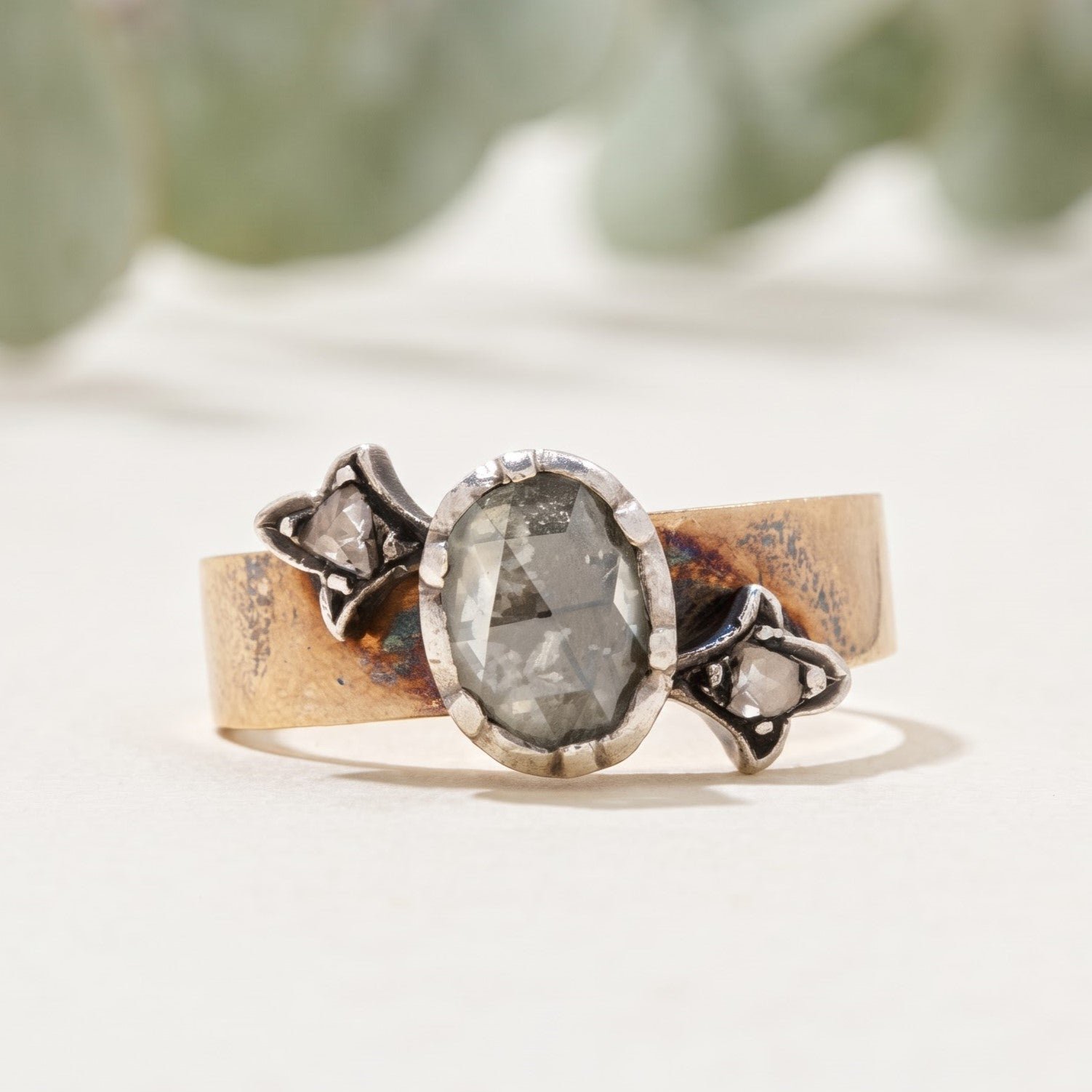 Old Antique Rose Oval Salt and Pepper Diamond Ring - Image 1