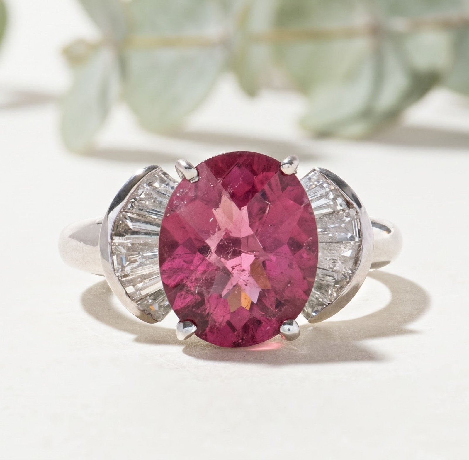 Pink Tourmaline Ring with Baguette Diamond Accents - Image 1