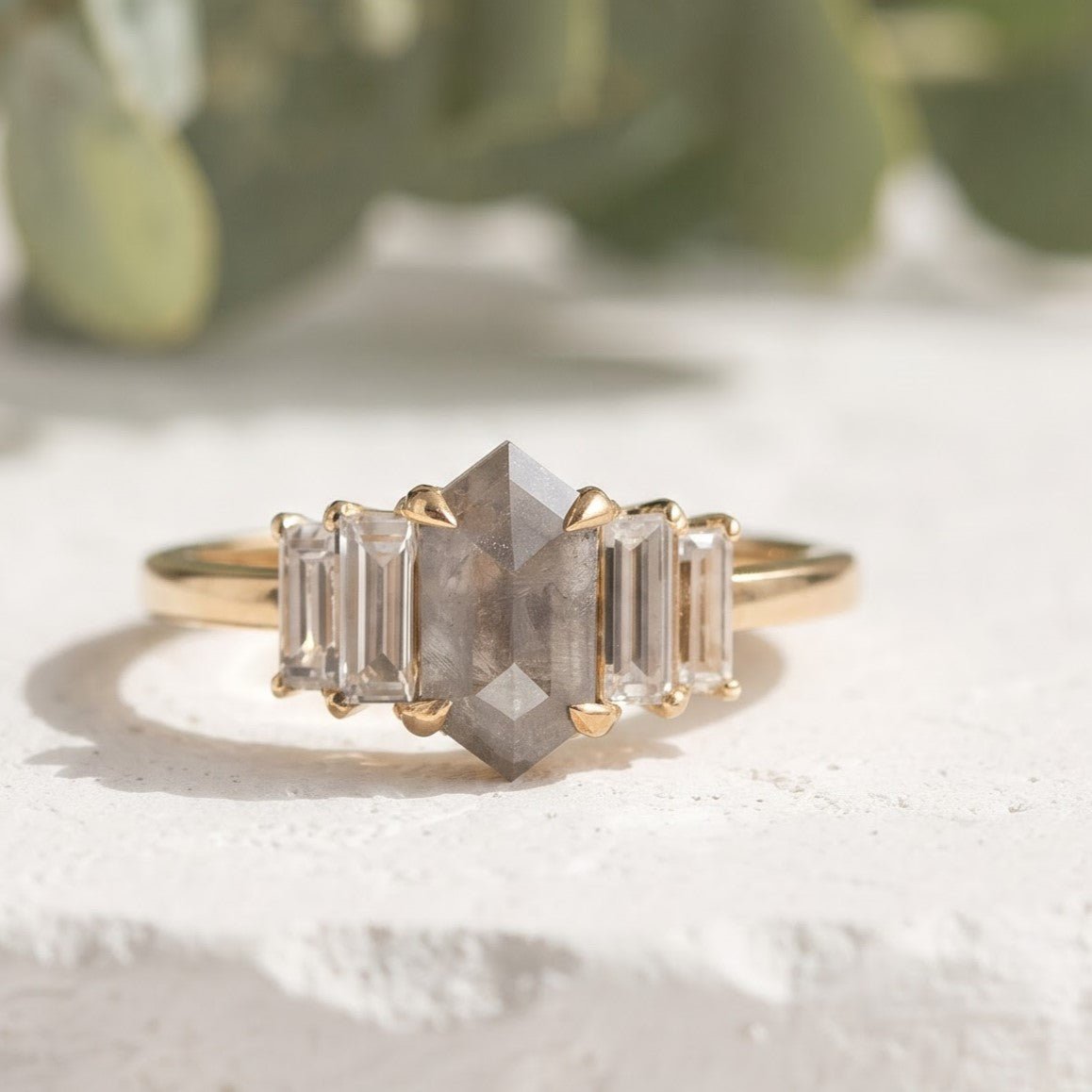 1.35 CT Hexagon Salt and Pepper Diamond Ring with Baguette Accents - Image 1