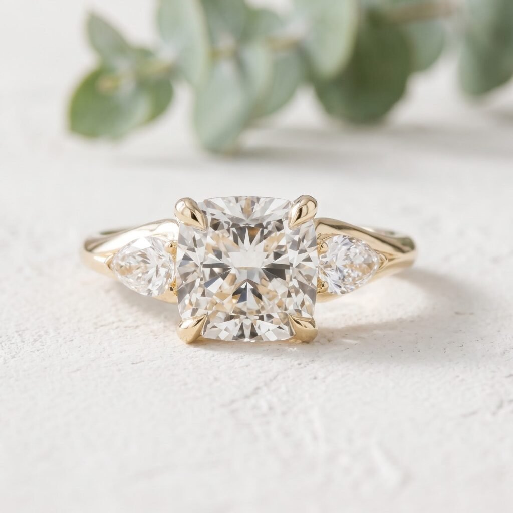 Cushion Cut Lab Grown Diamond Three Stone Solitaire Ring