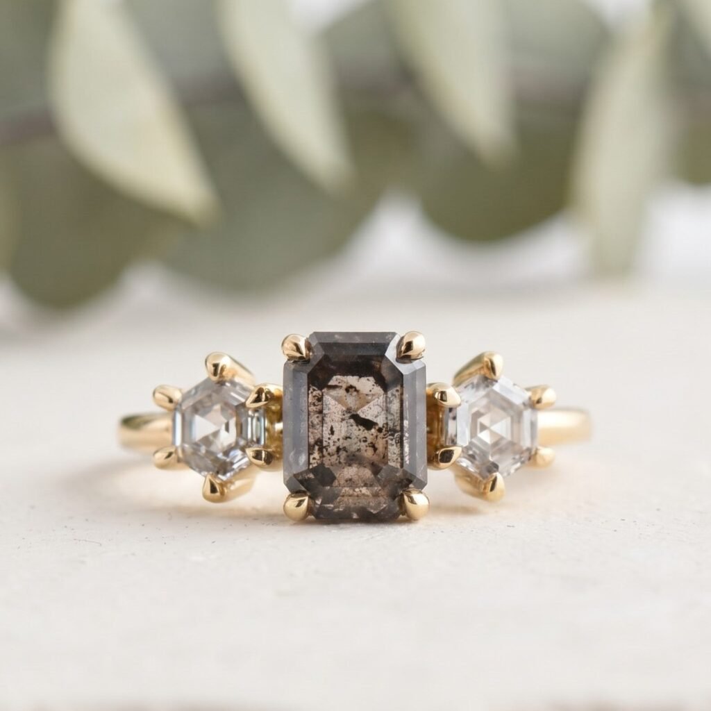 Emerald Salt and Pepper Diamond Ring