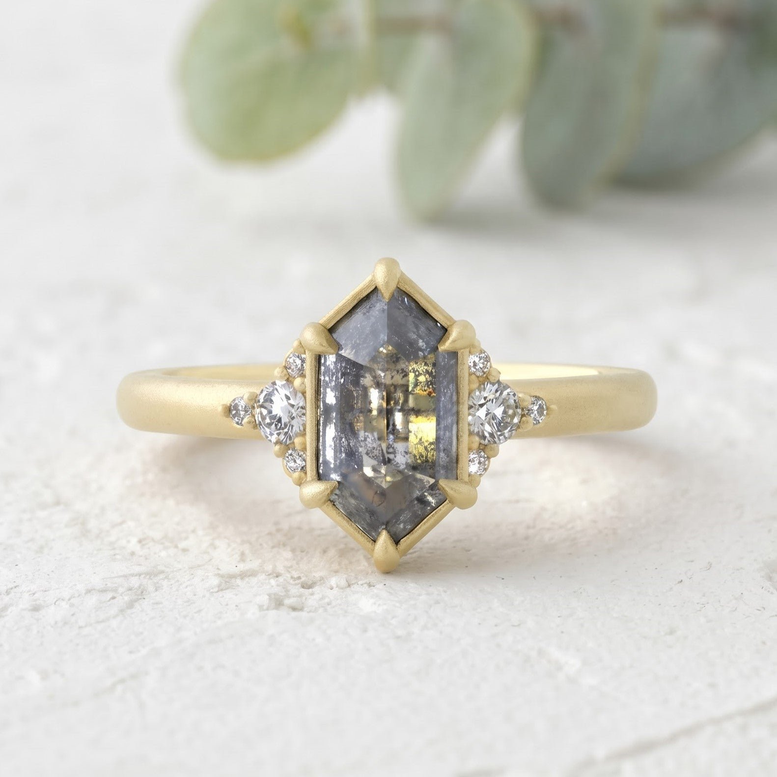 Hexagon Salt and Pepper Gold Handmade Diamond Ring - Image 1