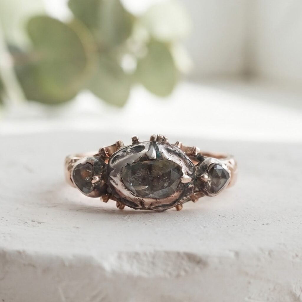 Antique Vintage Nature Inspired Salt & Pepper Diamond Ring