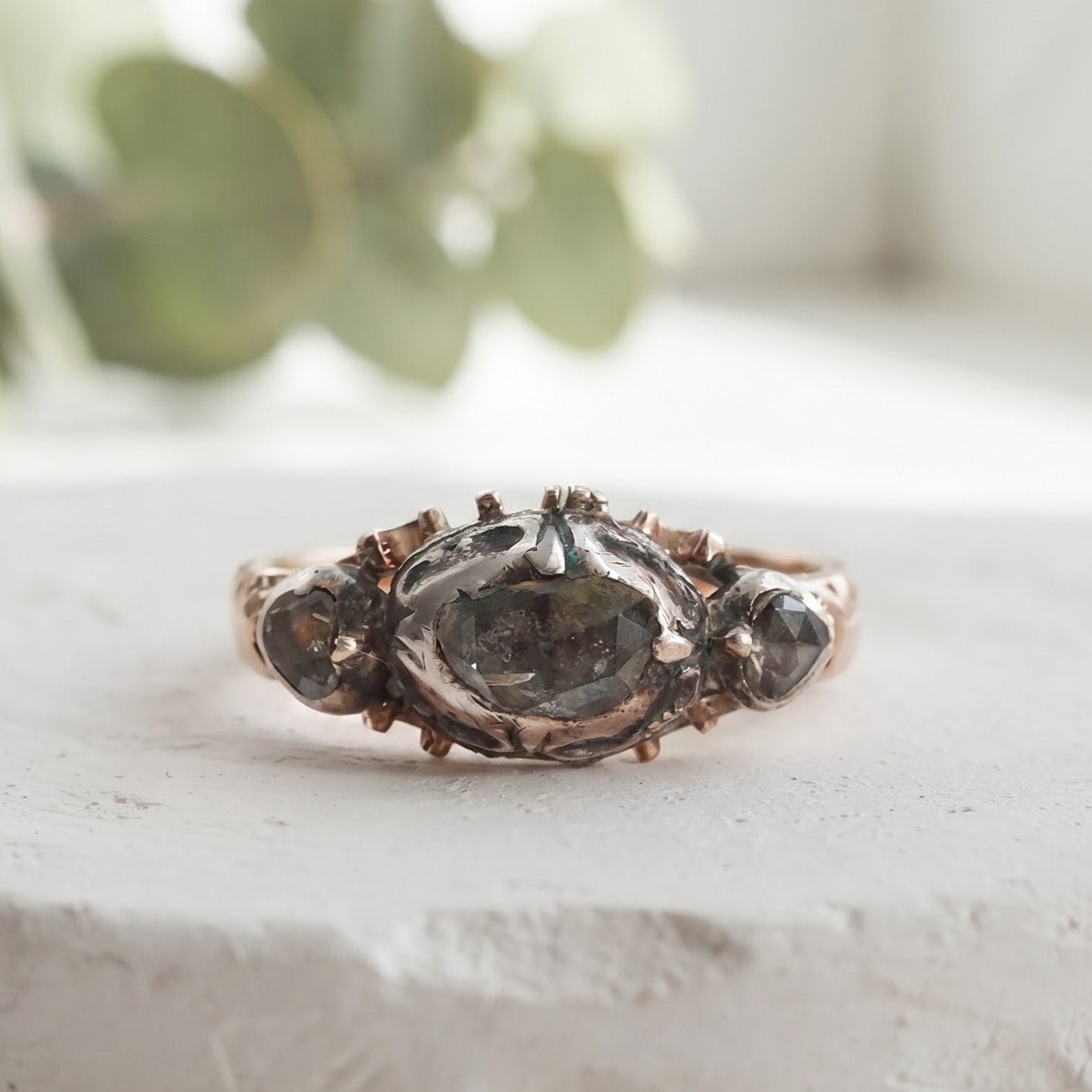 Antique Vintage Nature Inspired Salt & Pepper Diamond Ring - Image 1