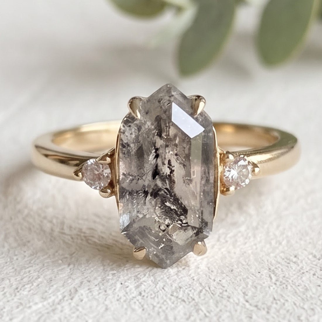 Elongated Hexagon Salt and Pepper Diamond Promise Ring - Image 1