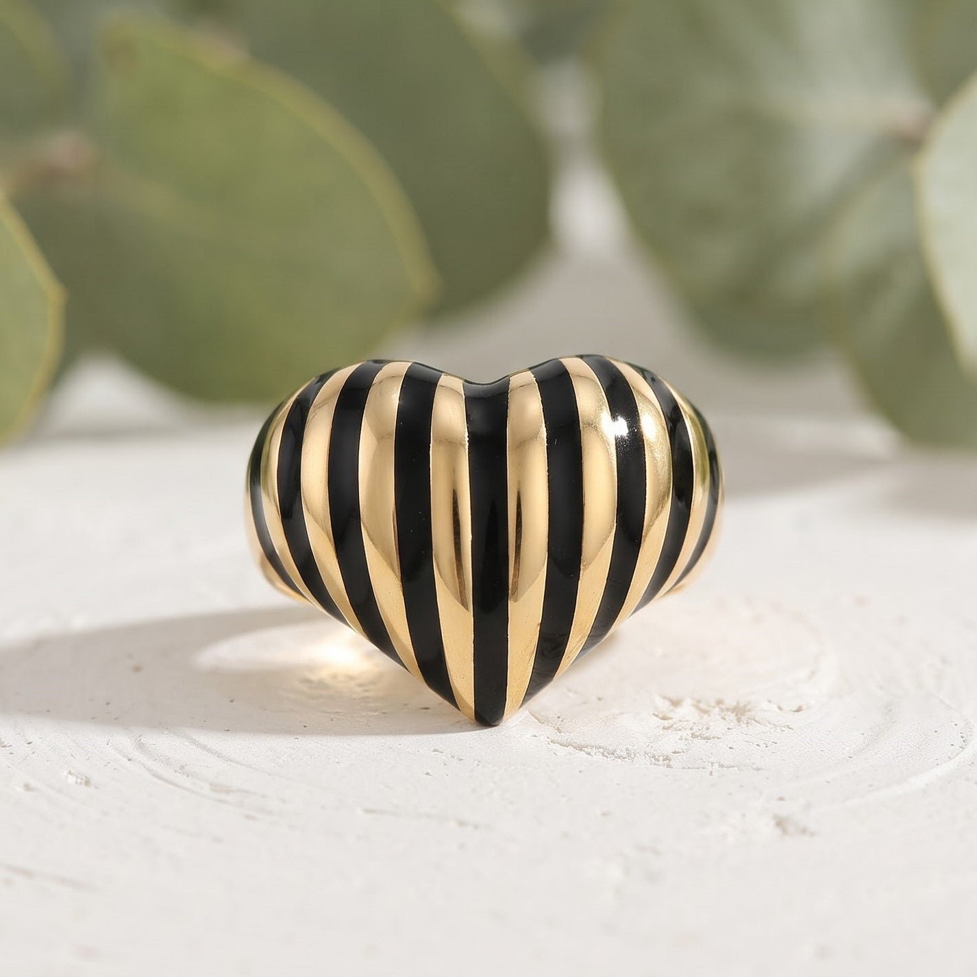 Heart Black Striped Ring Handmade Statement Jewelry - Image 1