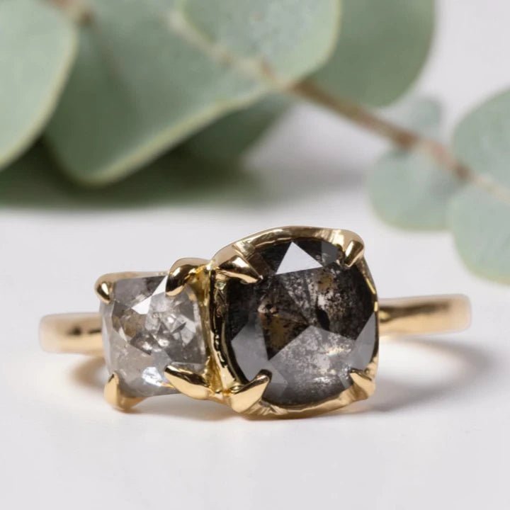 Salt and Pepper Diamond Two Stone Engagement Ring Handmade