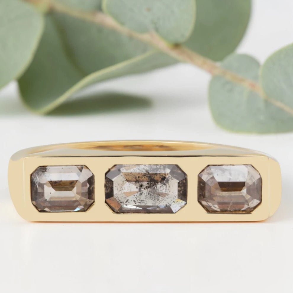 Salt and Pepper Diamond Bar Ring with an Emerald Cut Design