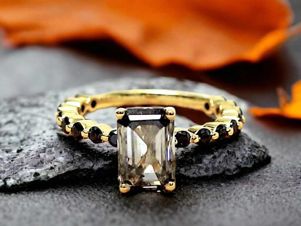 Emerald Diamond Engagement Ring Solid Gold Modern Brides Ring