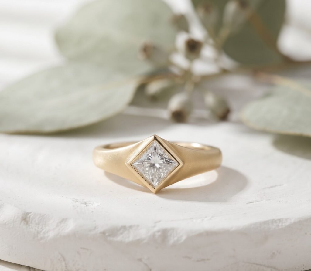 Princess Cut Diamond Bezel Engagement Ring in Gold