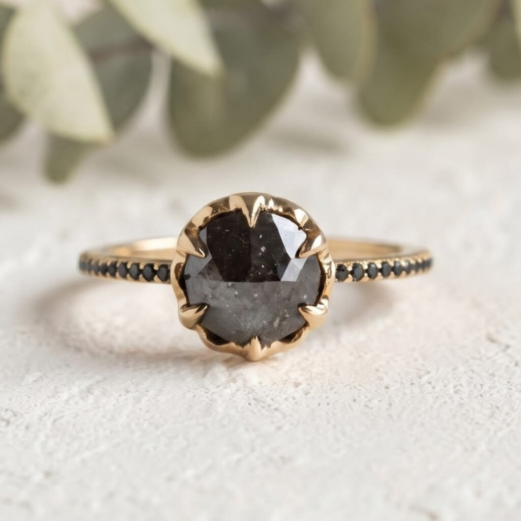 Round Black Salt and Pepper Diamond Minimalist Ring