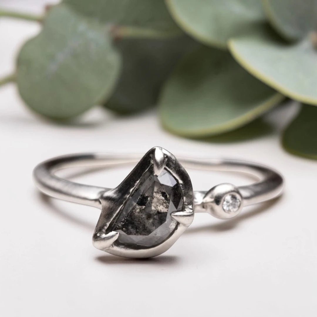 Half Moon Rose Cut Salt and Pepper Diamond Ring Vintage Band - Image 1