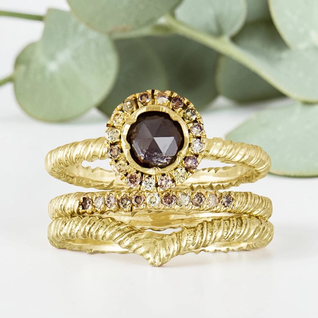 Salt and Pepper Diamond Ring with Rustic Gold Band