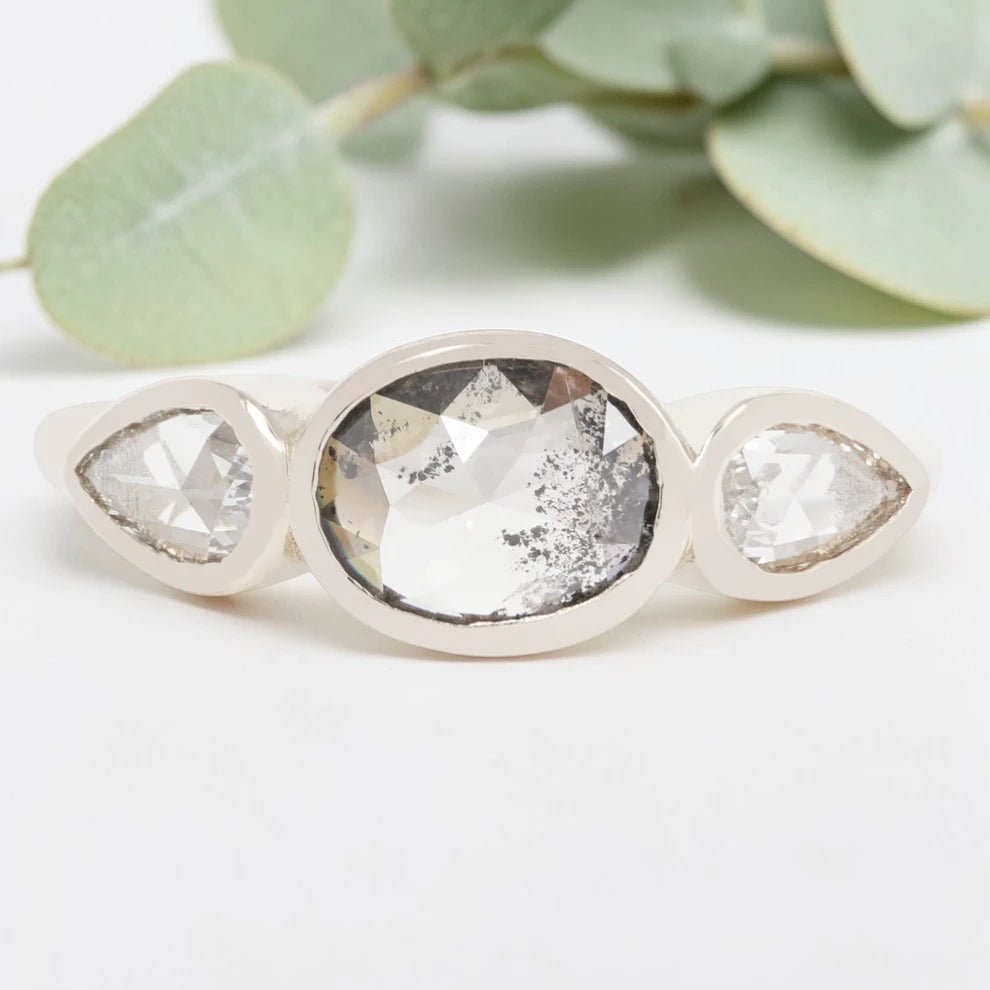 Oval Salt and Pepper Diamond Engagement Ring with Pear Stones