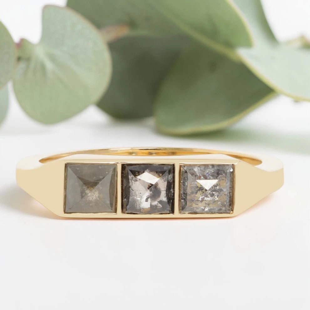 Princess Cut Salt and Pepper Diamond Ring with Vintage Style
